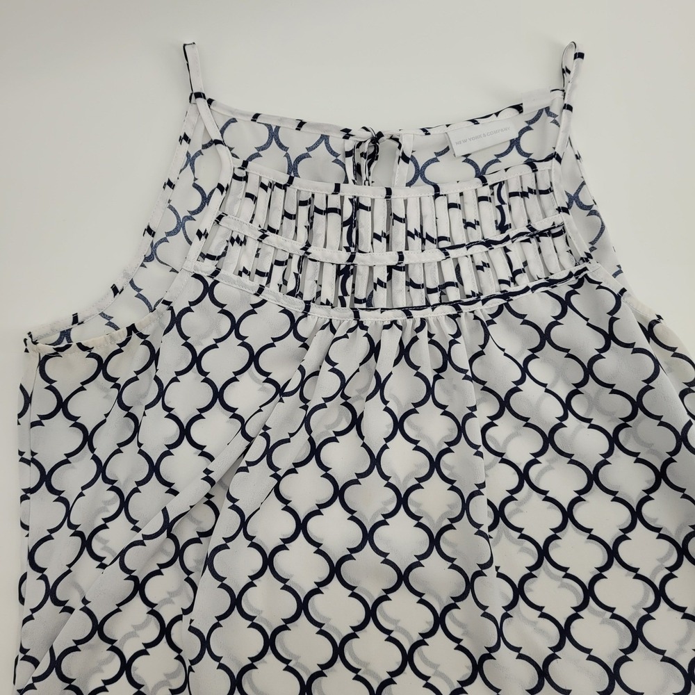 New York & Company Womens Medium Navy White Geometric Lattice Cage Neck Blouse